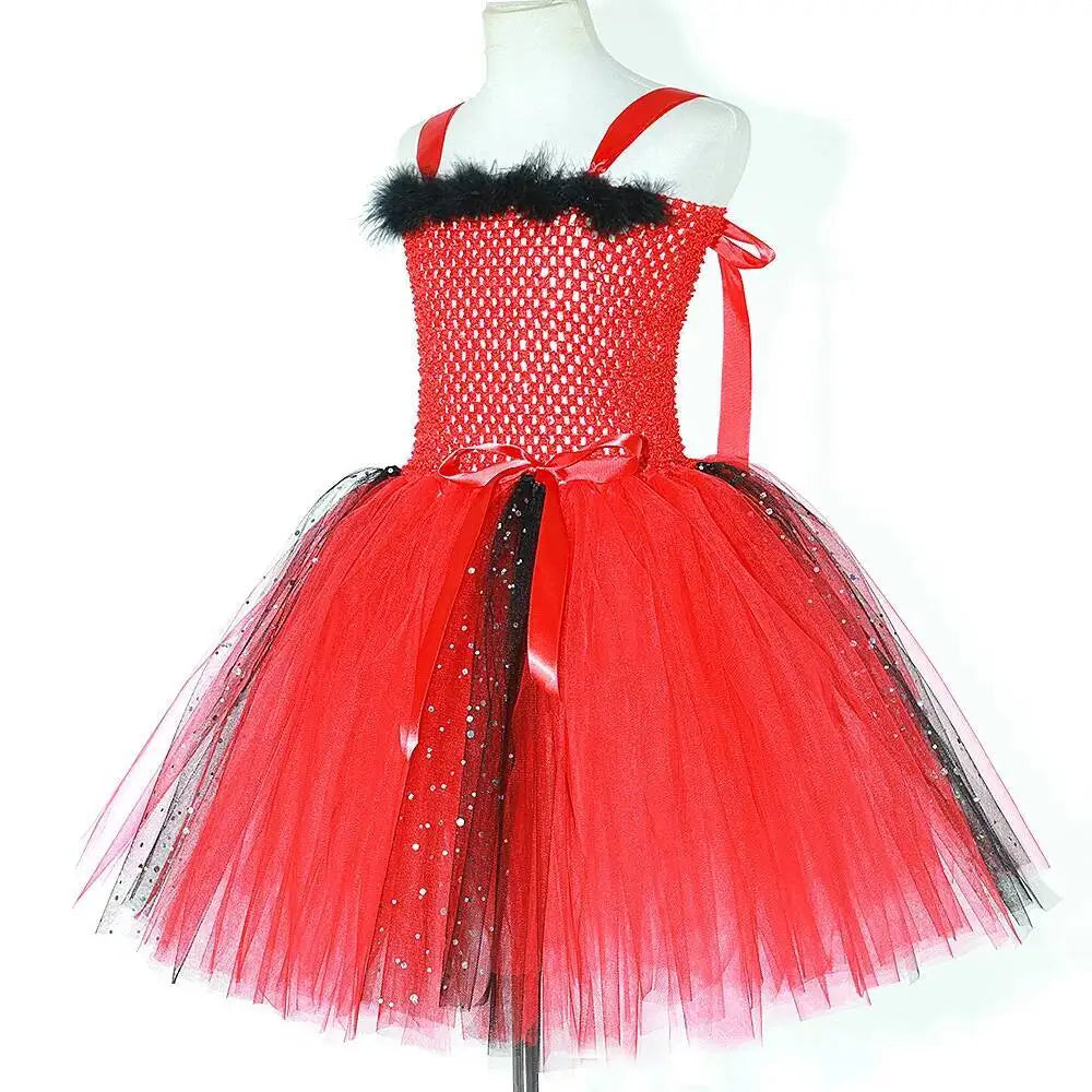 Déguisement Diablesse Rouge Fille – Robe Tutu Demon avec Ailes Cornes Trident Halloween Carnaval