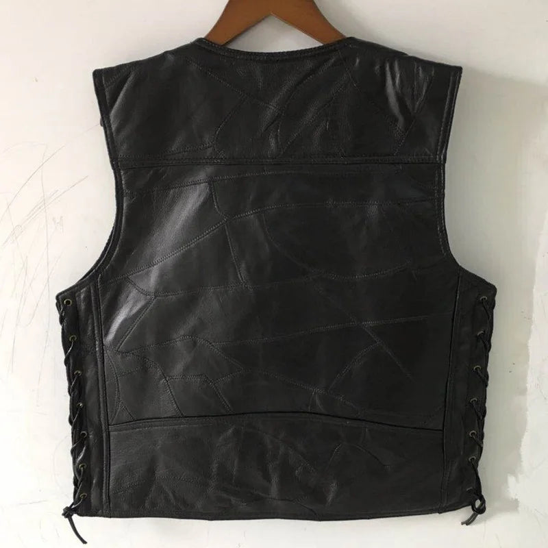 Gilet Moto Homme Cuir Agneau Noir Laçages Latéraux Ajustables Biker Vest Souple Premium Style Motard Authentique – Veste Sans Manches Cuir Véritable | Mode Homme Moto Premium
