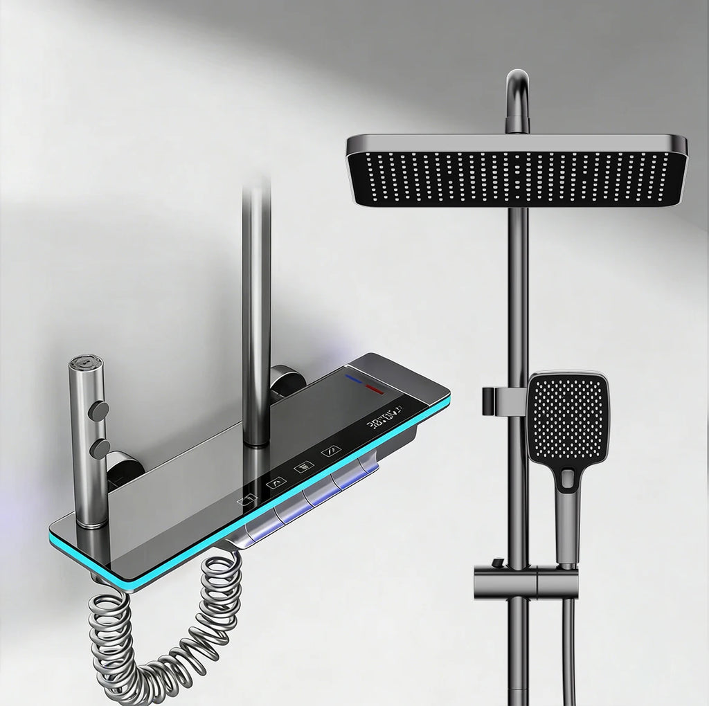 Système Douche Smart LED Digital – Affichage Température, Mitigeur Cuivre, Panneau Verre Trempé & Pommeau Pluie | Luxe Salle de Bain