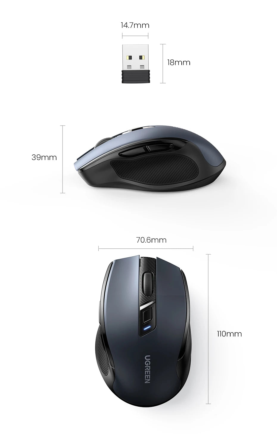 UGREEN Souris Sans Fil Ergonomique – Bluetooth 5.0 & 2.4G, 4000 DPI, 6 Boutons Silencieux | MacBook, PC & Tablette