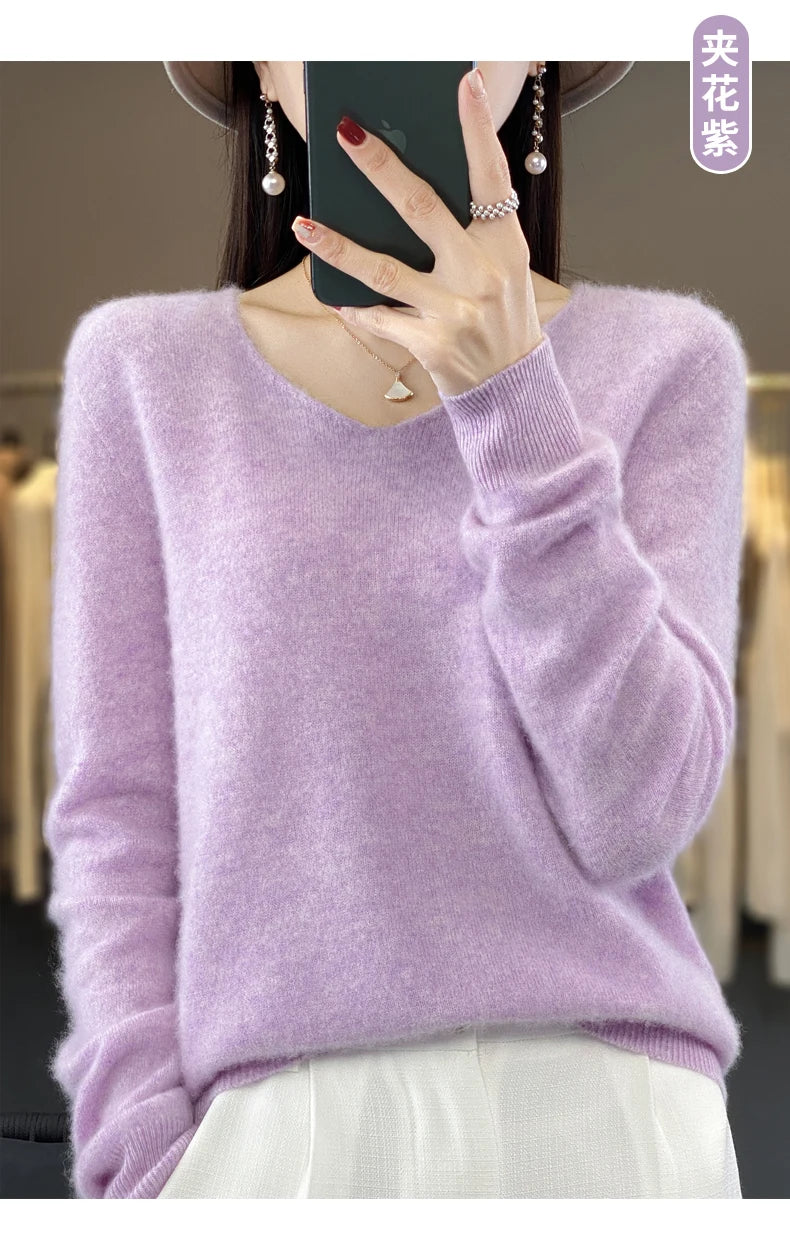 Kaschmirpullover 100% Wolle V-Ausschnitt Damen - Strick Casual Korean Fashion Herbst Winter