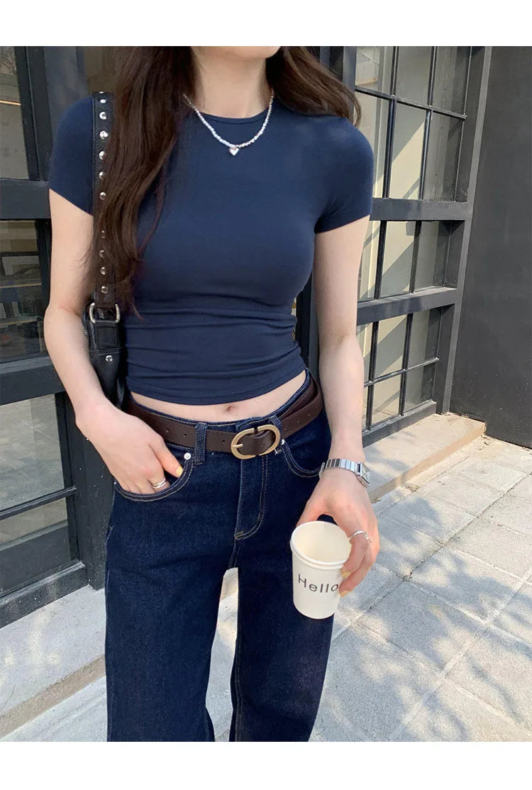 Crop Top Basique Uni Femme – Manches Courtes Col Rond Ajusté | Style Y2K Vintage Harajuku Streetwear
