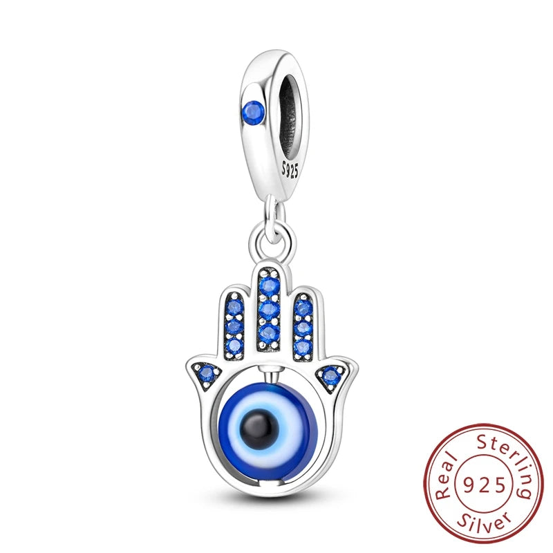 Charm Argent 925 Bleu Rotatif – Œil Démon, Main, Lune & Ciel Étoilé | Perle Pendentif Bracelet Femme | Bijou Spirituel & Mystique