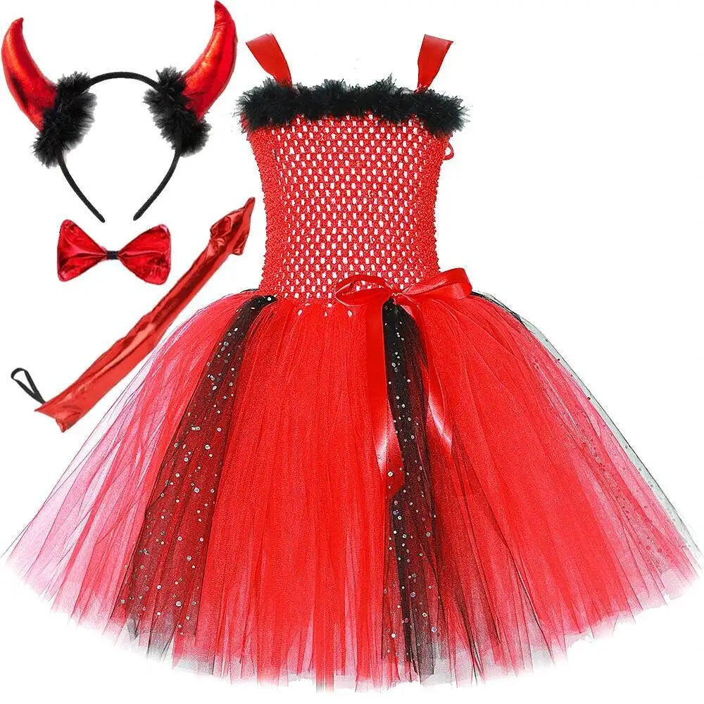Déguisement Diablesse Rouge Fille – Robe Tutu Demon avec Ailes Cornes Trident Halloween Carnaval