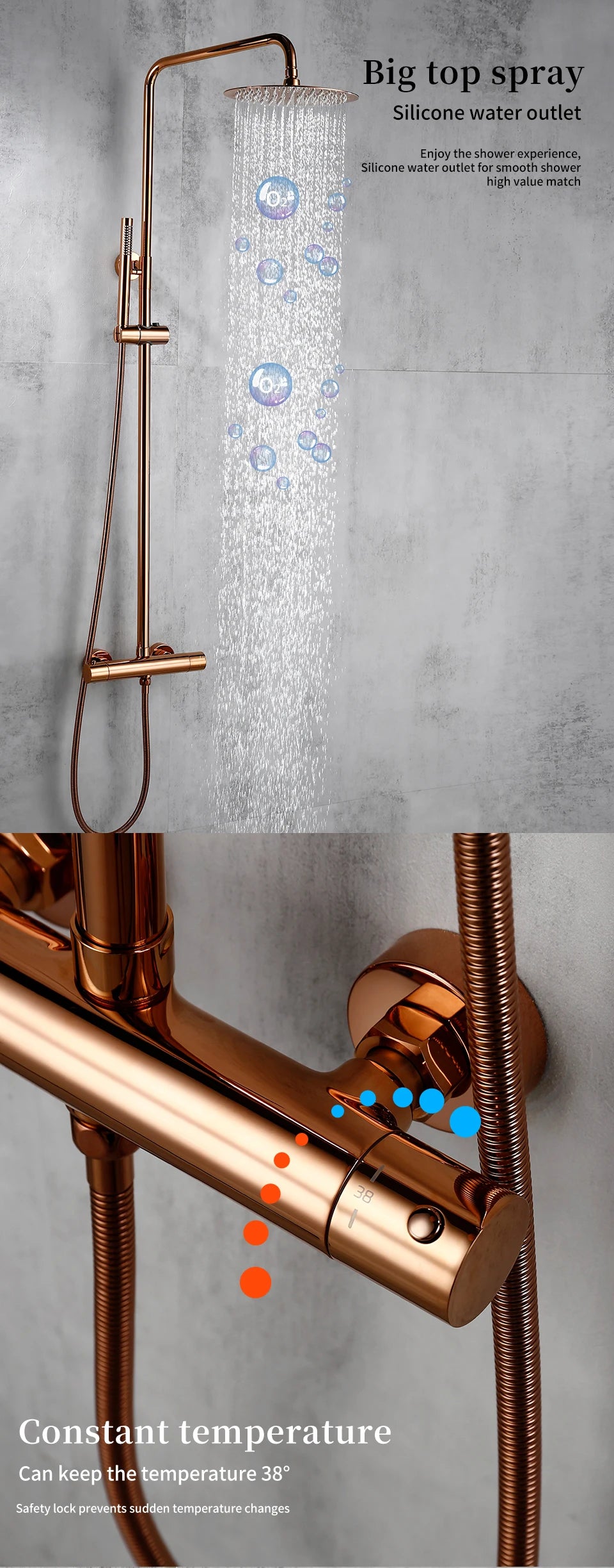 Ensemble Douche Thermostatique Mural Rose Gold – Laiton, Pommeau Pluie & Mitigeur | Système Douche Luxe Salle de Bain