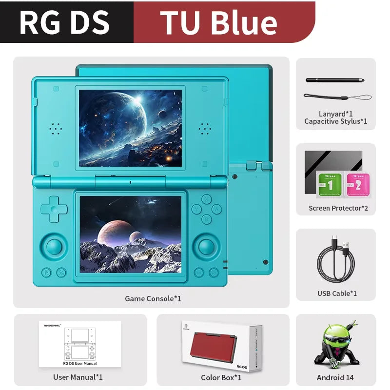 ANBERNIC RG DS Console de Jeu Flip 4'' IPS – Double Écran Multi-Touch, Android 14, WiFi Streaming & IA | PS2 & Rétro