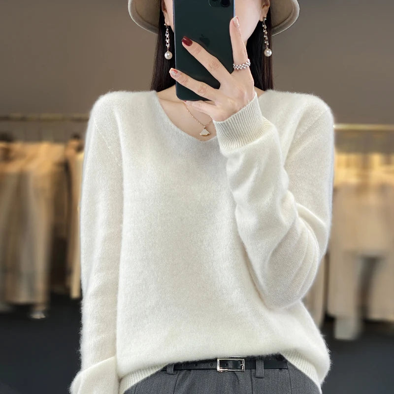 Pull Cachemire 100% Laine Col V Femme - Tricot Casual Korean Fashion Automne Hiver