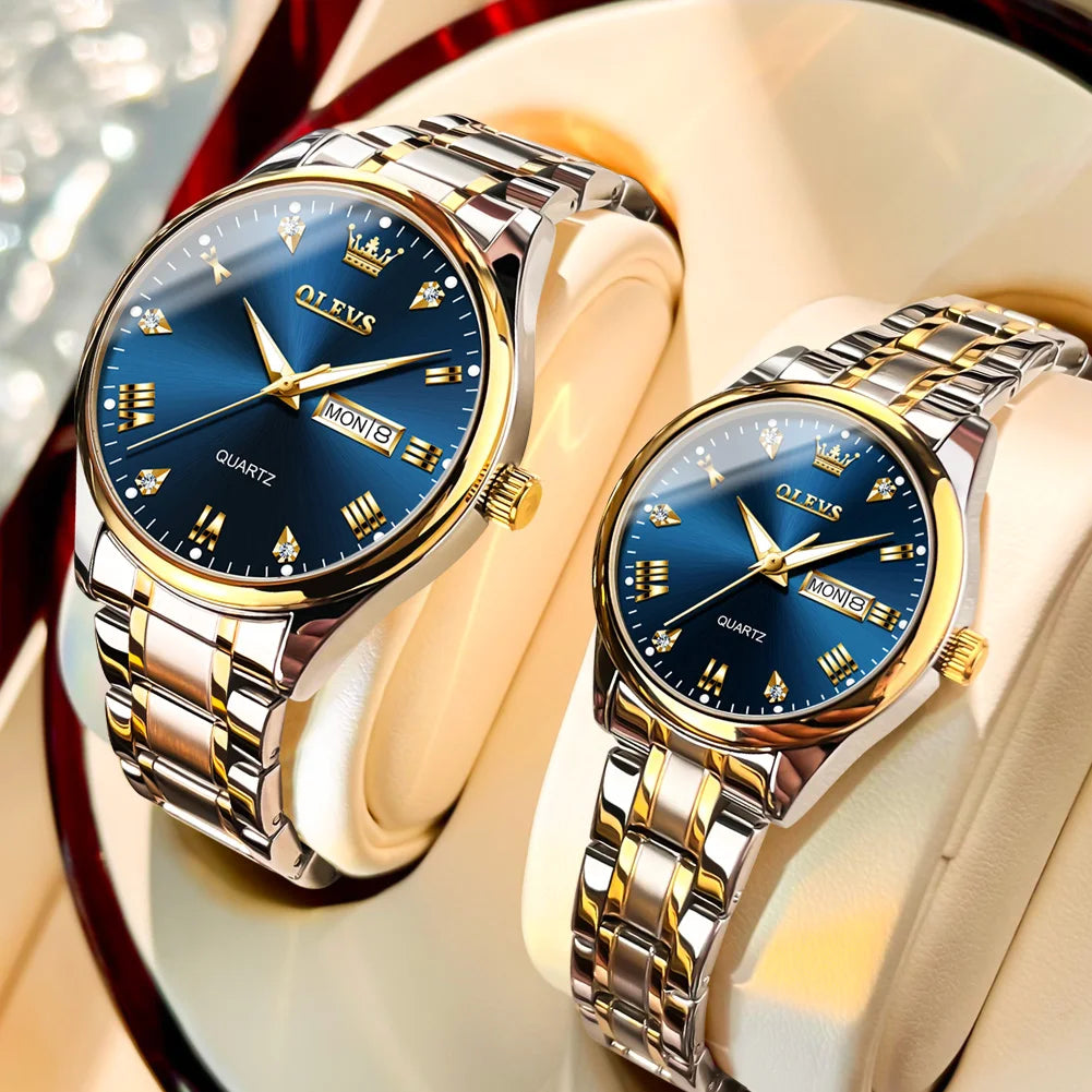 Montre Couple OLEVS Or Luxe Quartz – Acier Lumineux Étanche Date Semaine Tendance