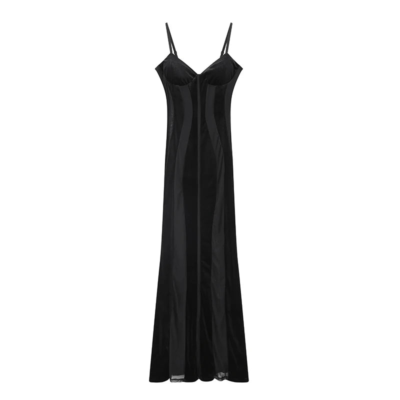 Robe Maxi Femme Velours Noir Transparente Mesh Épaules Dénudées Taille Cinée Slim – Soirée & Club | 2026