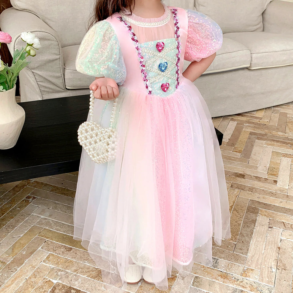 Meerjungfrau Prinzessin Kleid Mädchen Pailletten Perlen Puffärmel – Faschingskostüm Halloween Cosplay