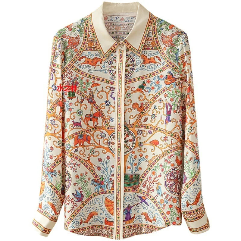 Chemisier Femme Vintage Imprimé Luxe Manches Longues Slim Élégant – Blouse Casual Chic | Automne S-3XL