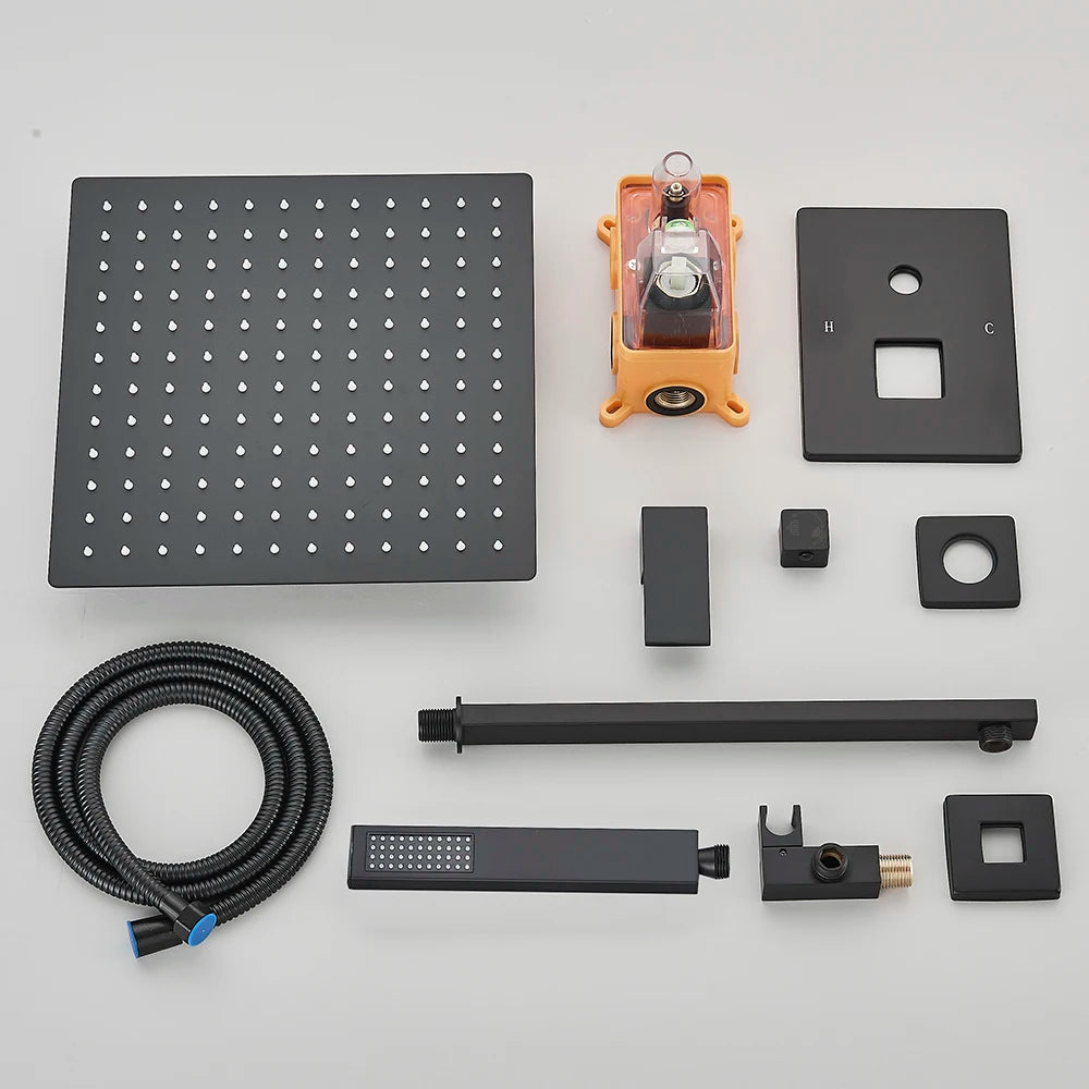 Ensemble Douche Encastré Noir Mat – 2-3 Voies, Mitigeur Caché, Pommeau Pluie | Salle de Bain Design