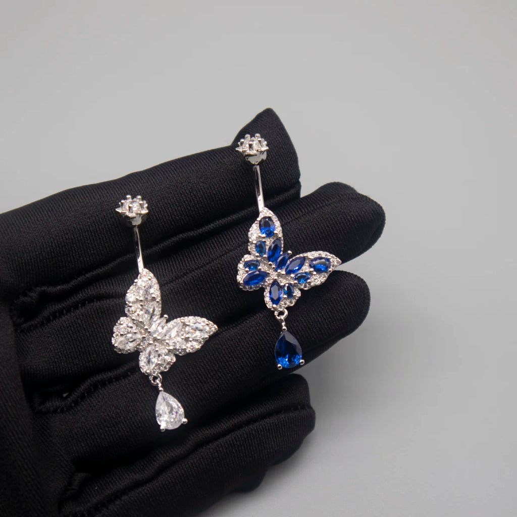 Bauchnabelpiercing Silber 925 Echter Schmetterling Weiße & Blaue Zirkonia – Premium Bauchnabelring für Damen | Feiner, Eleganter & Hypoallergener Körperschmuck