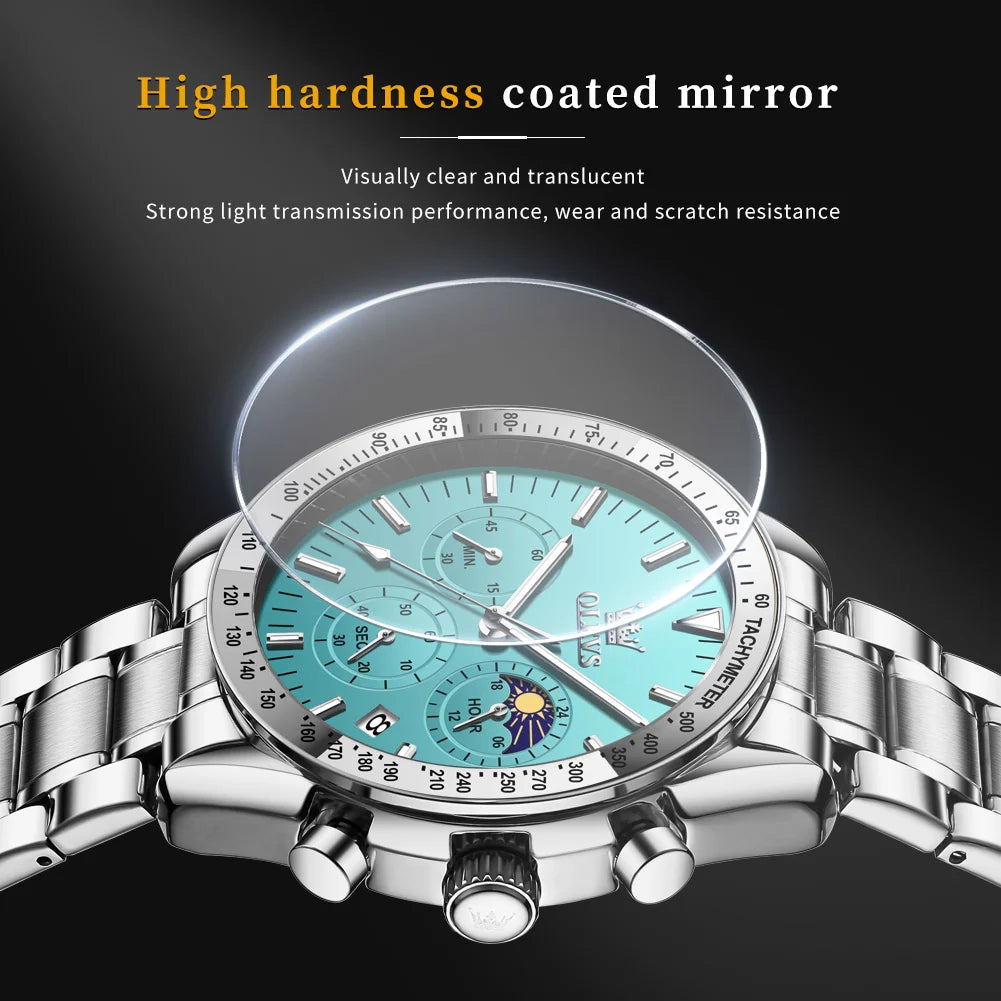 Montre Homme OLEVS Chronographe Phase de Lune Quartz Bleu Acier – Étanche Lumineux Date Fashion