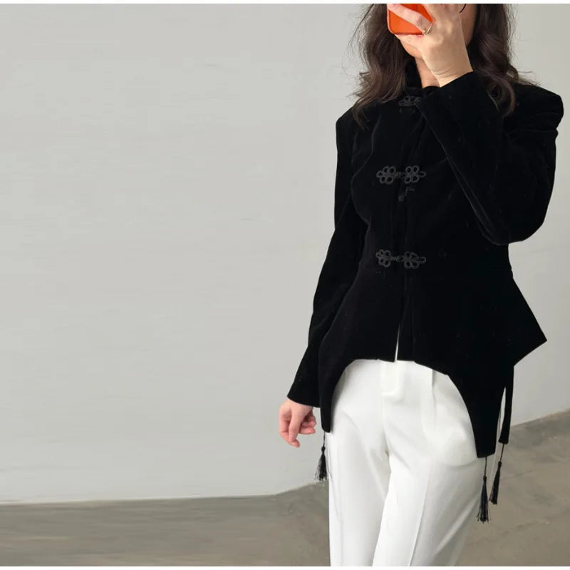 Veste Femme Velours Noir Franges Boutons Nœuds Ourlet Asymétrique Manches Longues Slim – Élégante Streetwear & Bureau