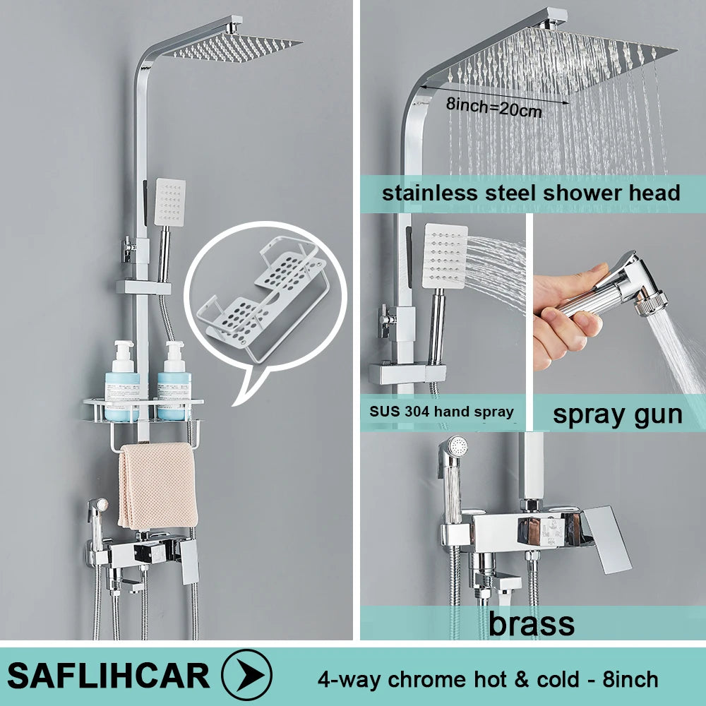 Ensemble Douche Pluie Mural Noir & Chrome Laiton – Étagère Offerte, Mitigeur Eau Chaude & Froide | Système Complet Salle de Bain
