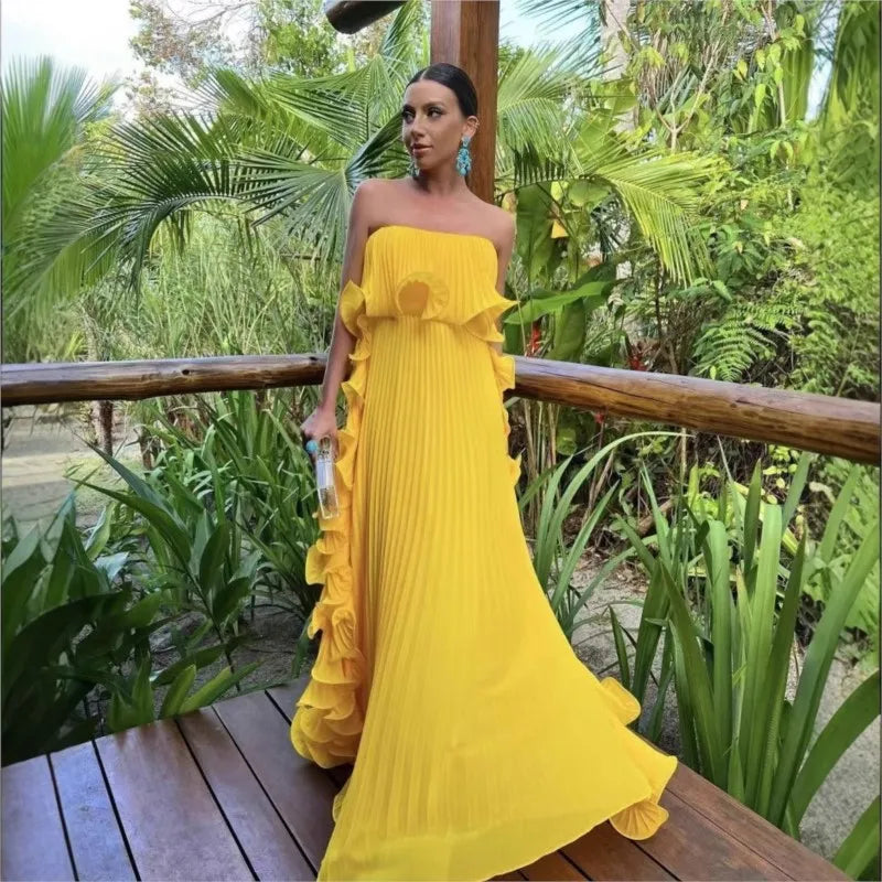 Robe Longue Femme Orange Chiffon Plissée Volants Sans Bretelles – Élégante Plage & Soirée | Été