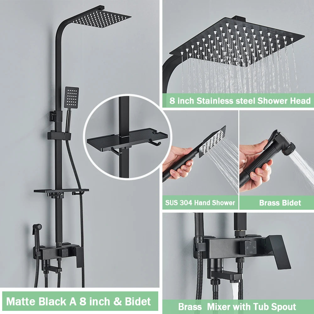 Rozin Ensemble Douche Pluie Mural Noir – Avec Bidet, Étagère & Bec Baignoire | Système Complet Laiton