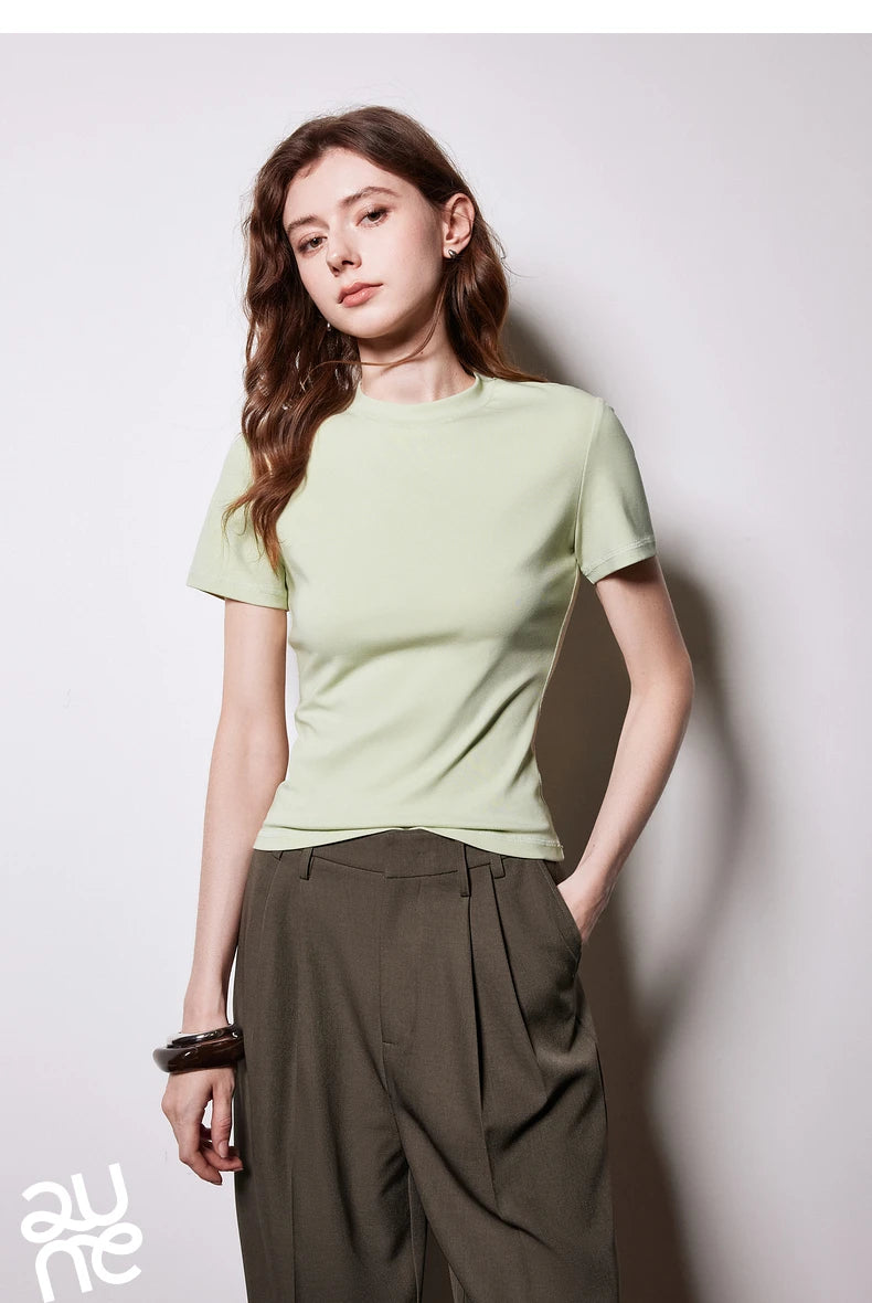 T-Shirt Lyocell Slim Fit Col Rond Manches Courtes Blanc - Basique Premium Polyvalent Printemps | TOYOUTH