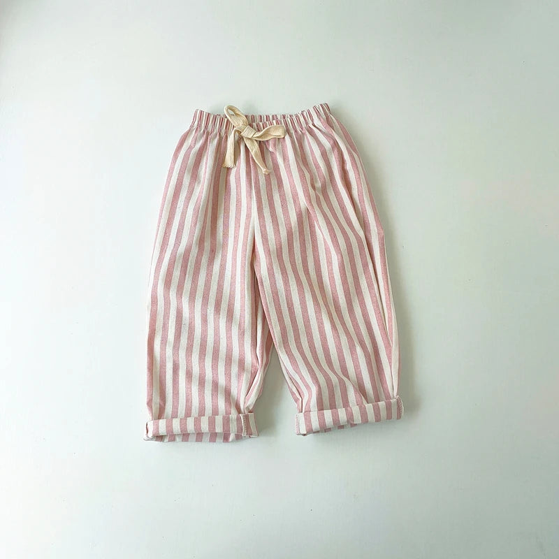 Short Lin Coton Enfant Rayures – Pantalon Court Casual Vintage Ample Garçon Fille Été
