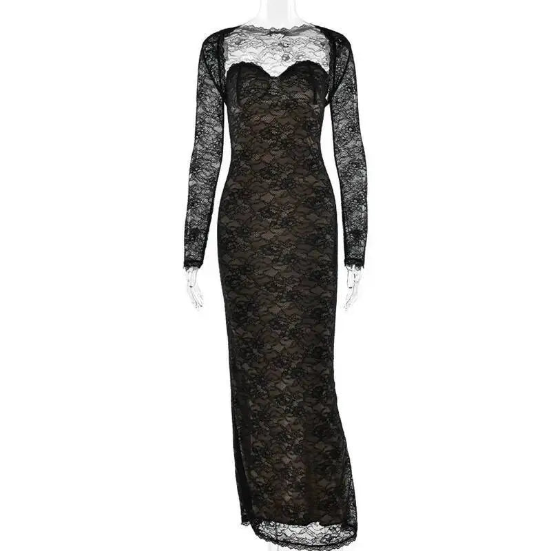 Damen Langes Maxikleid Spitze Eng Anliegend Sexy Bodycon Schal Futter – Elegante Abendgesellschaft | Townlike