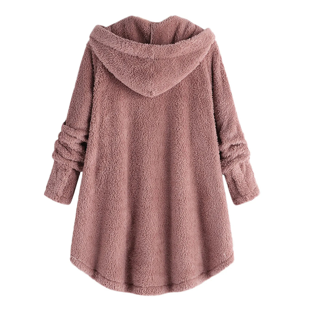 Damen Teddyfell-Mantel mit Kapuze – Warme Fleece-Jacke Unifarben | Herbst Winter Trend