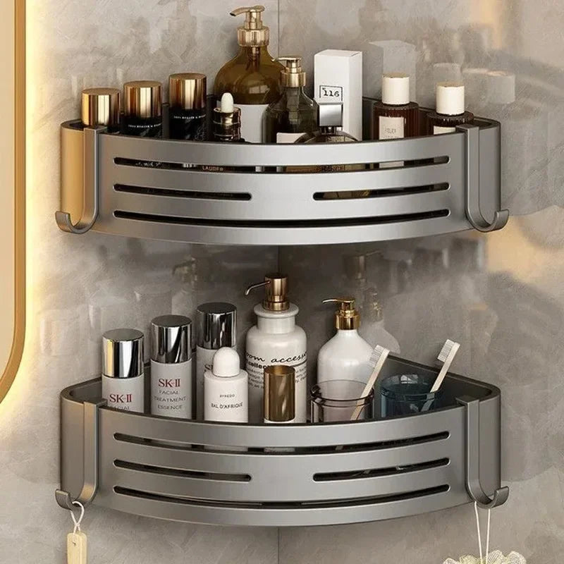 Étagère d’Angle Salle de Bain Aluminium – Sans Perçage Autocollant | Rangement Shampooing & Maquillage