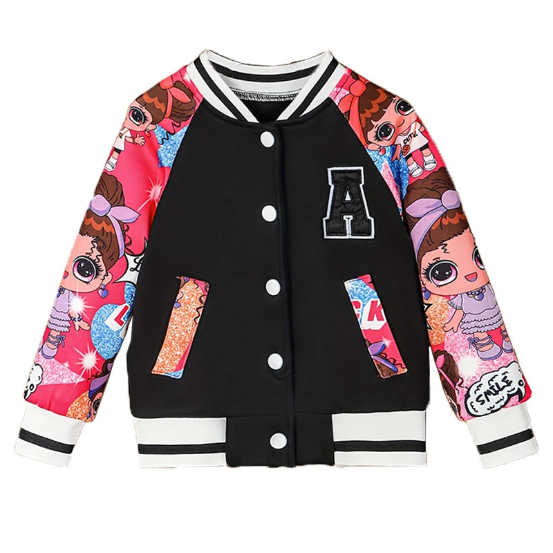 Veste Baseball Fille Imprimé Poupée Cartoon Lettre A – Blouson Casual Printemps Automne Enfant