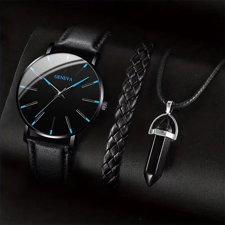 Coffret 3 Pièces Homme Montre Quartz Cuir + Bracelet + Collier – Set Business Fashion Élégant
