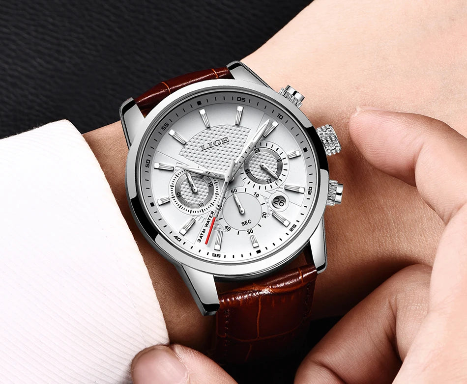 Montre Homme Luxe LIGE Chronographe Quartz Cuir – Business Sport Étanche Date 2025
