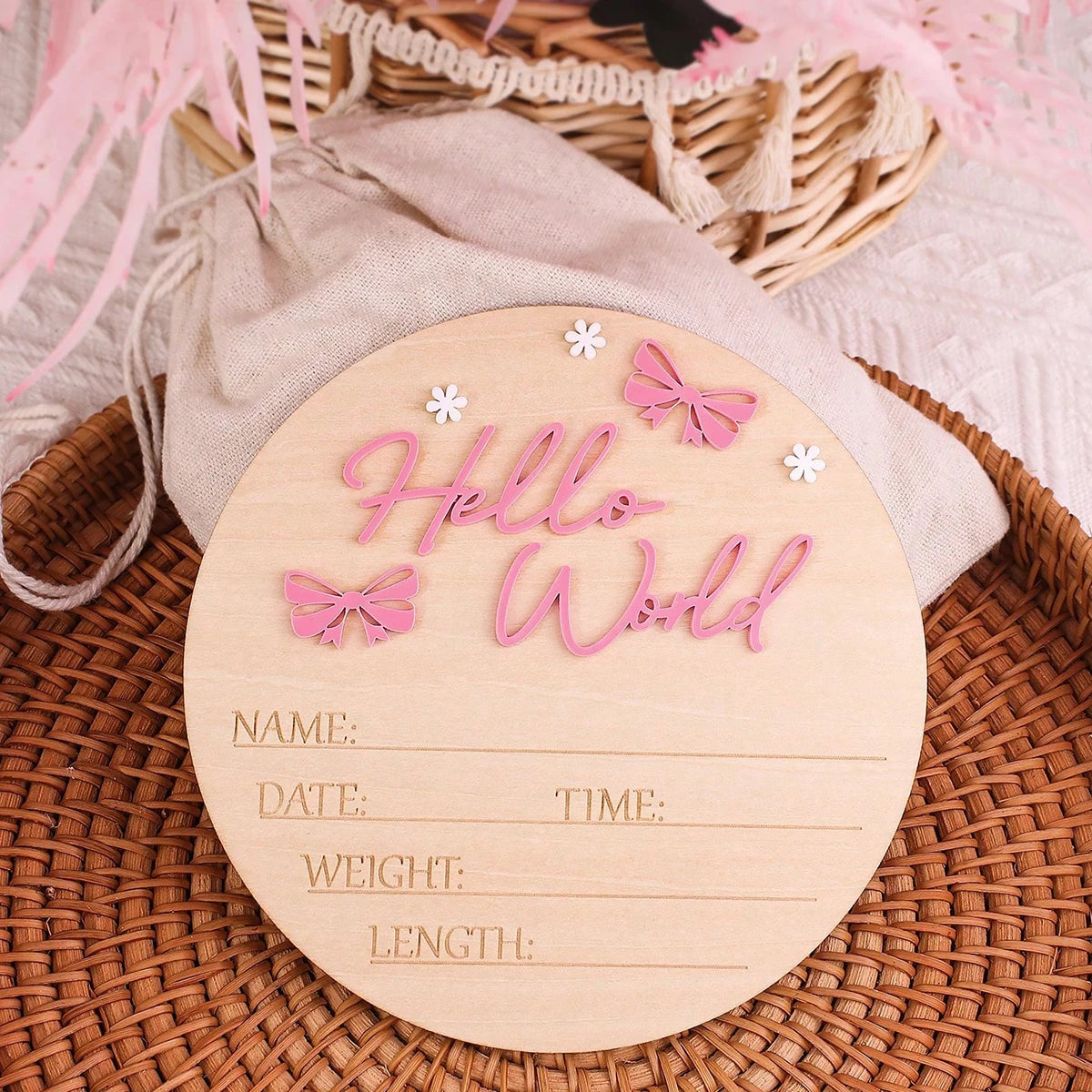 Pancarte Naissance Bébé « Hello World » – Déco Maternité Rose Poudré Papillon Étoile Photo Nouveau-Né
