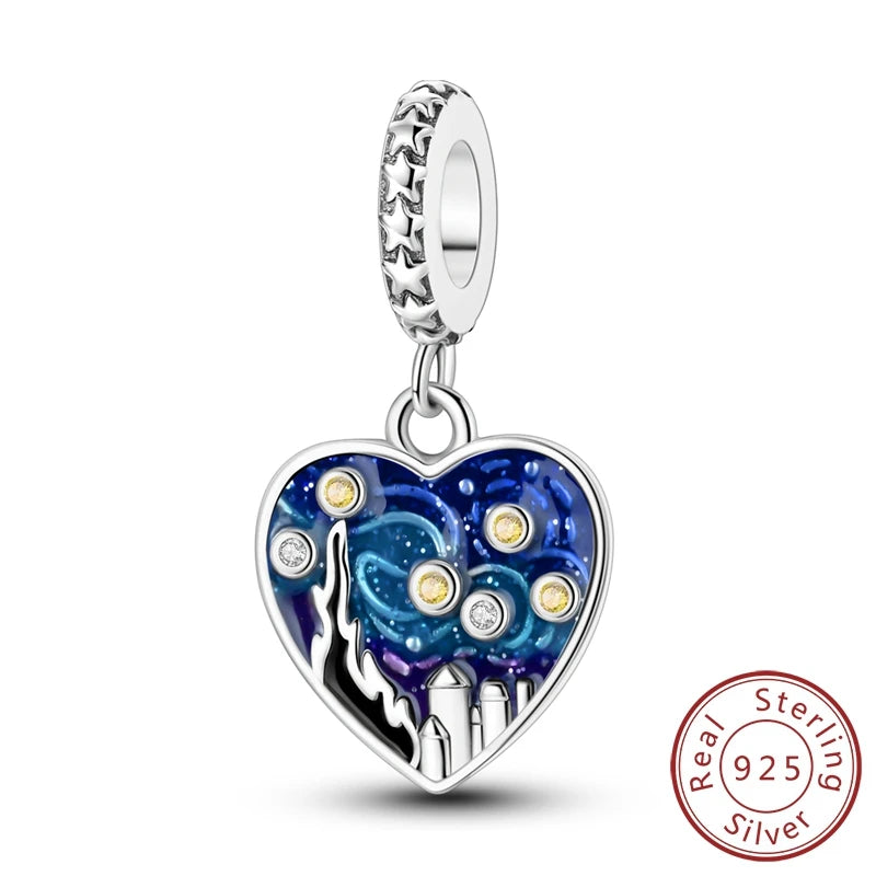 Charm Argent 925 Bleu Rotatif – Œil Démon, Main, Lune & Ciel Étoilé | Perle Pendentif Bracelet Femme | Bijou Spirituel & Mystique