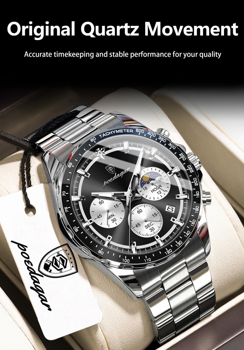 Montre Homme POEDAGAR Business Quartz Chronographe – Acier Lumineux Étanche Date Fashion