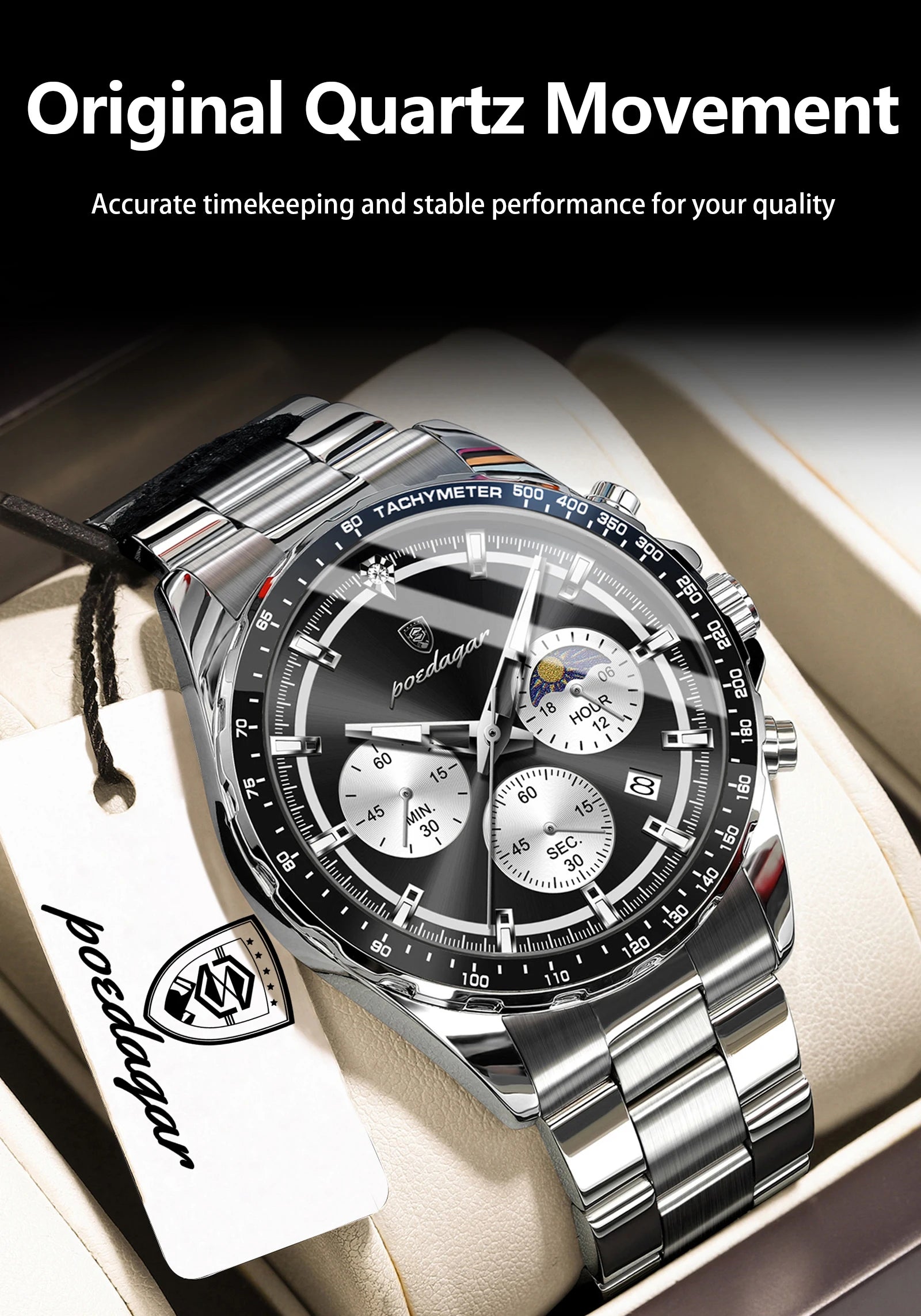 Montre Homme POEDAGAR Business Quartz Chronographe – Acier Lumineux Étanche Date Fashion