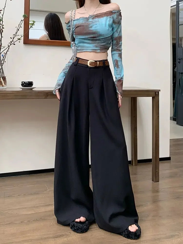 Damenhose Weit Hohe Taille Einfarbig Elegant Minimalistisch Büro-Stil Ulzzang – Casual Chic | Frühling Herbst