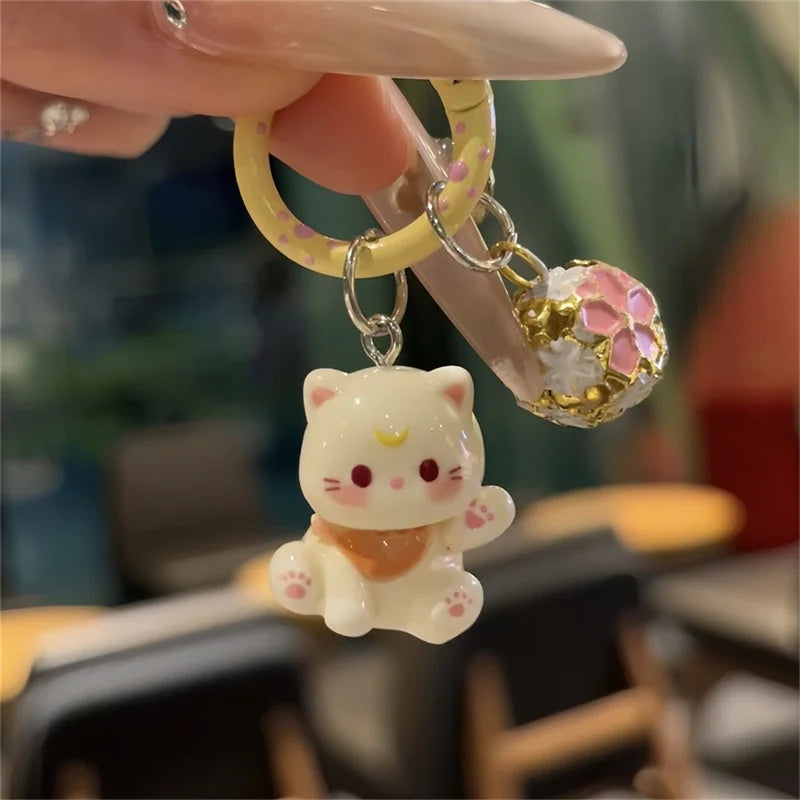 Porte-Clés Chaton Résine Clochette Kawaii – Lot 1 ou 3 pcs | 6 Couleurs au Choix | Pendentif Sac & Cadeau Femme Mignon & Original