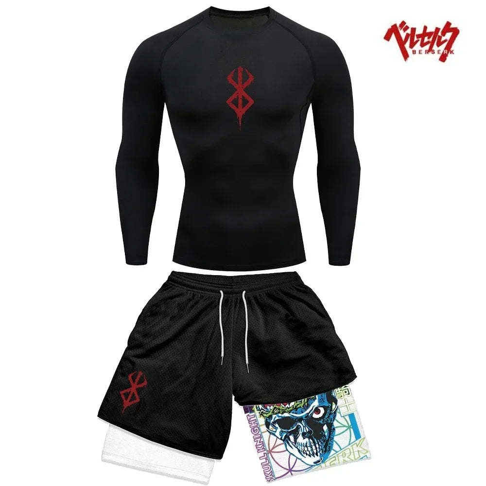 Ensemble Compression Homme Anime Berserk – T-Shirt + Short Gym Séchage Rapide | Running, Fitness & Workout Été | Sportswear Manga