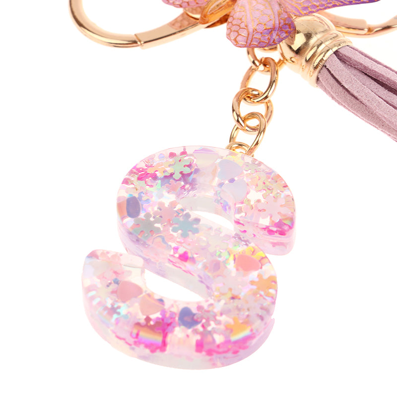 Porte-Clés Lettre Initiale Sequins Femme – Pendentif Papillon Pompon Sac Voiture Bijou