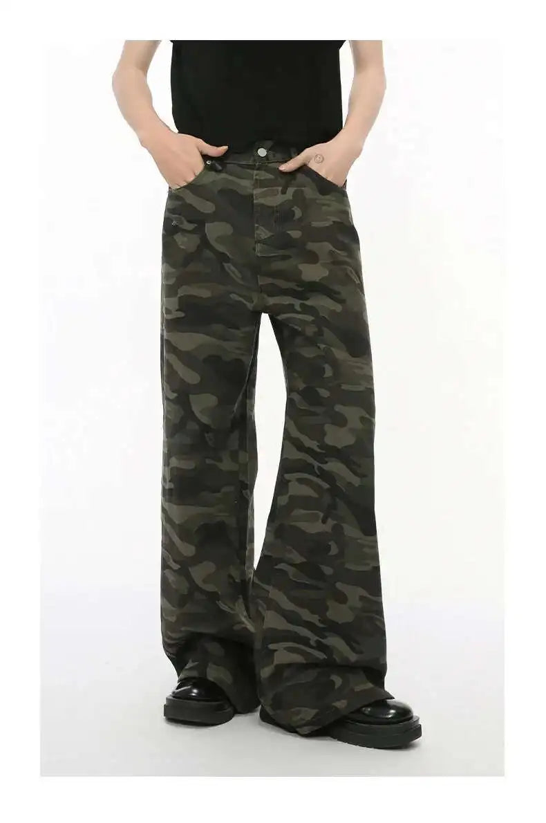 Jean für Herren, Camouflage, Vintage, Washed, weites Bein, Denim, Loose Fit, Casual, Herbst Winter, Hellblau, Streetwear, Trend, Komfortabel – Premium Camo Wide Leg Jeans | Herrenmode Denim Premium Streetwear