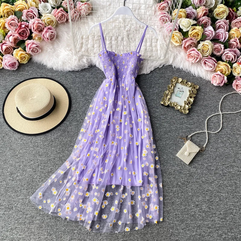 Robe Longue Dentelle Mesh Imprimé Marguerites - Bretelles Fines Fronces Sexy Korean Fashion Été