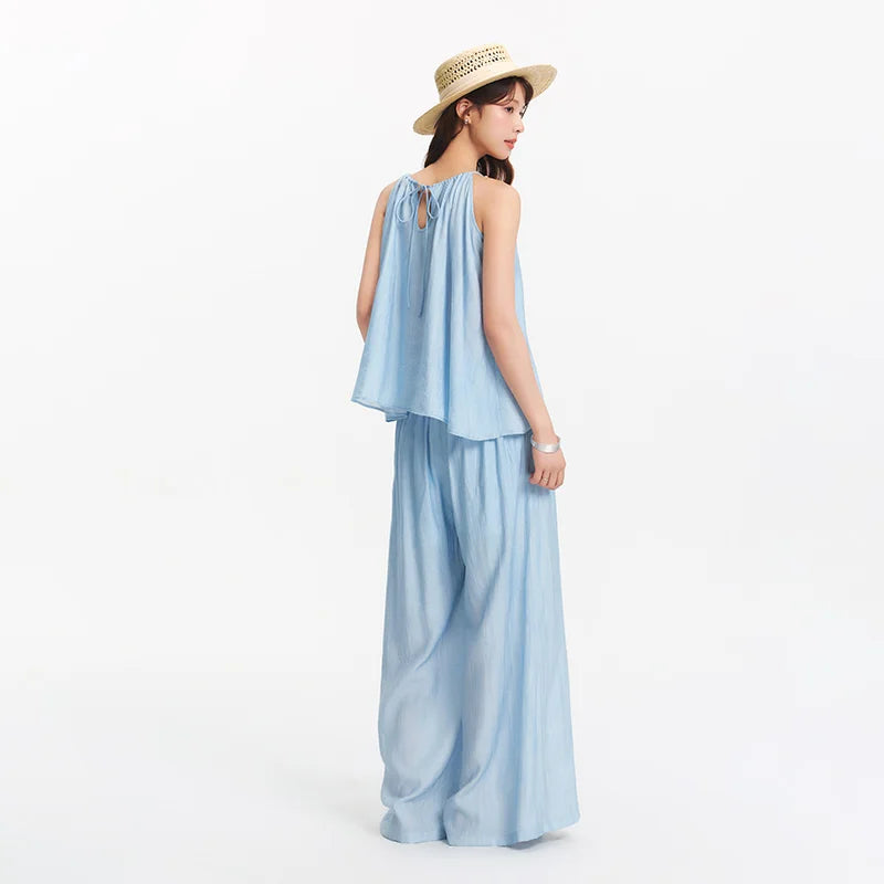 Ensemble 2 Pièces Femme Lin Pantalon Large Nœud Bretelles – Tenue Été Vacances Légère | Semir 2025