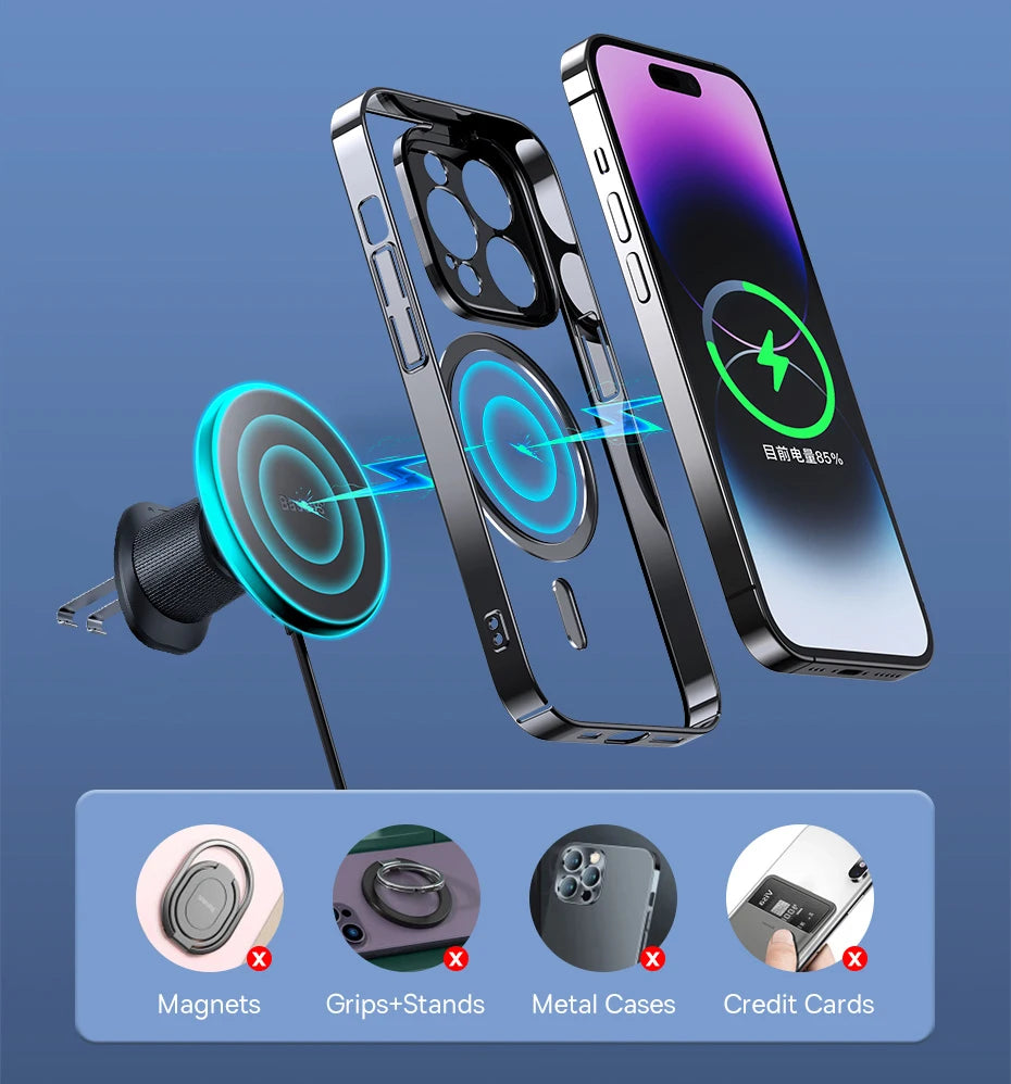 Baseus Chargeur Voiture Magnétique 15W – Support Téléphone Sans Fil iPhone 16 15 14 13