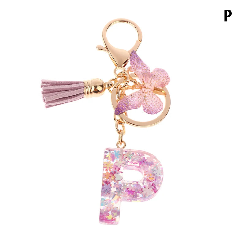 Porte-Clés Lettre Initiale Sequins Femme – Pendentif Papillon Pompon Sac Voiture Bijou