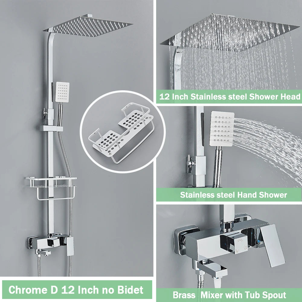 Rozin Ensemble Douche Pluie Mural Noir – Avec Bidet, Étagère & Bec Baignoire | Système Complet Laiton