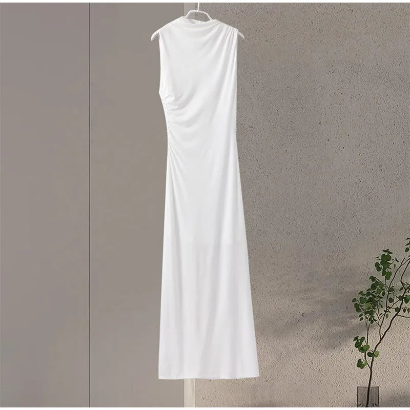 Damen Maxikleid Weiß Plissiert Ärmellos Rundhals – Schlank Machend Elegant | Sommerabend