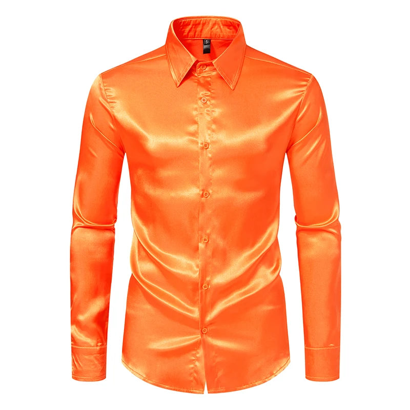 Chemise Homme Satin Noir Luxe Soie Lisse Tuxedo Mariage Soirée Prom Casual Business Bureau Élégante Couleur Unie Premium – Chemise Satin Luxe Cérémonie | Mode Homme Luxe Cérémonie Premium