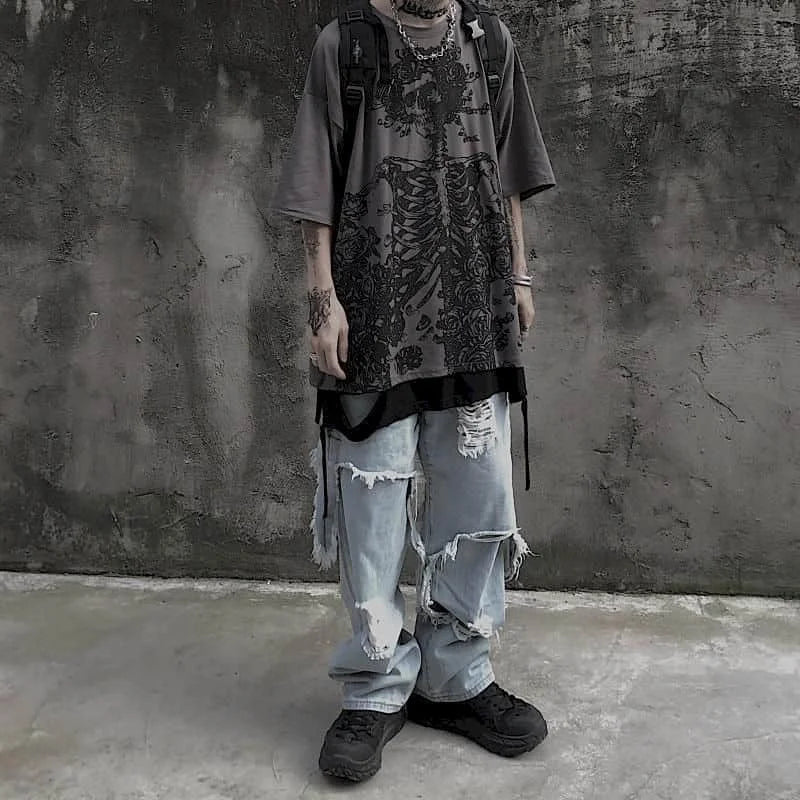 T-Shirt Unisexe Gothic Skull Oversize Loose Été – Streetwear Dark Anime Y2K Manches Courtes Tendance | Mode Homme & Femme
