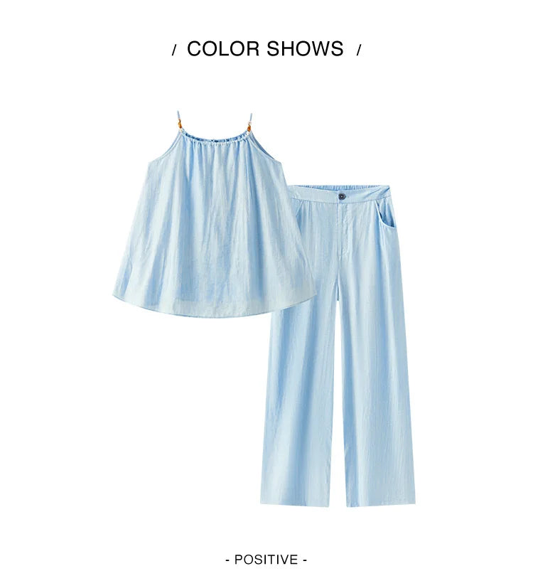 Ensemble 2 Pièces Femme Lin Pantalon Large Nœud Bretelles – Tenue Été Vacances Légère | Semir 2025