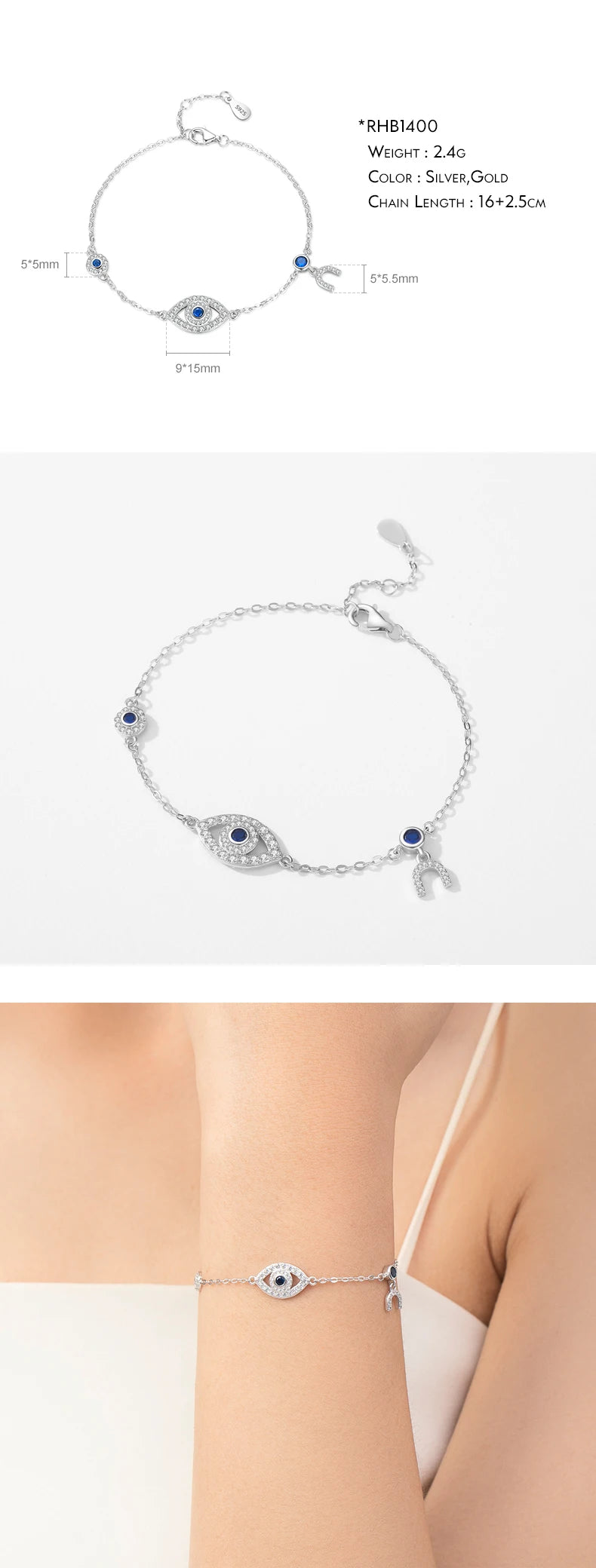 Bracelet Argent 925 Pur MODIAN Luxe – Yeux Turquoise Bleu & Zircon Cubique Cristal Transparent | Bijou Fin Femme Chaîne Maille Élégante & Hypoallergénique