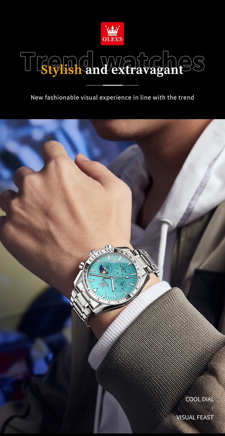 Montre Homme OLEVS Chronographe Phase de Lune Quartz Bleu Acier – Étanche Lumineux Date Fashion